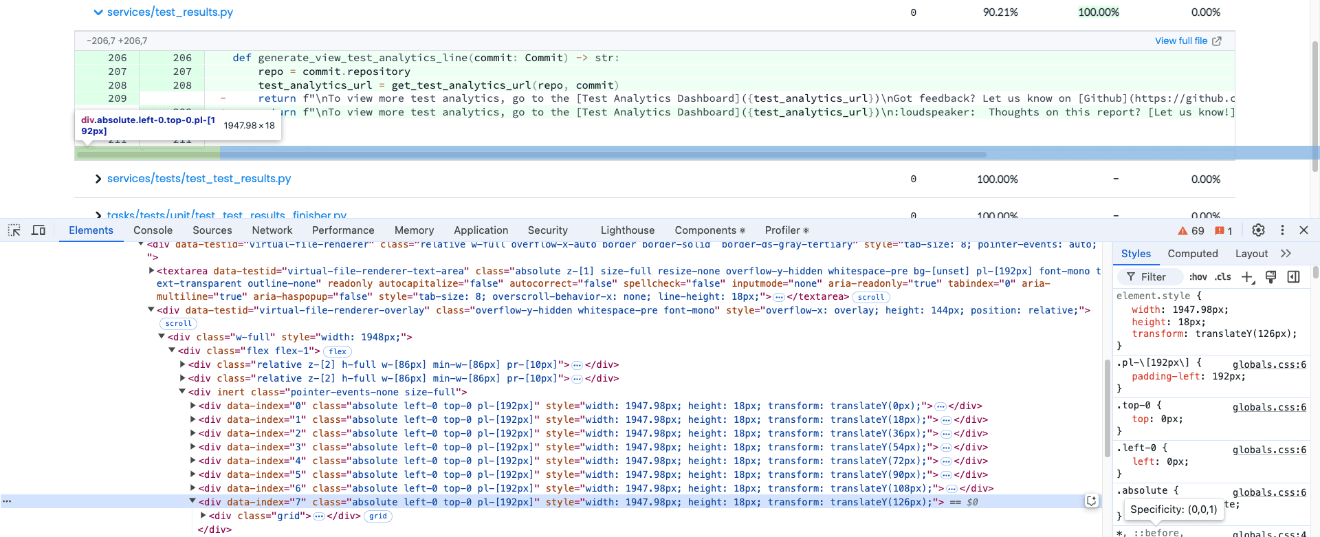 Browser dev tools highlighting last element being obscured by horizontal scrollbar