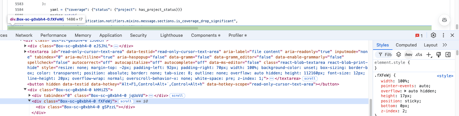 Browser dev tools highlighting how GitHub creates their custom scrollbar